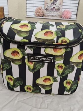 Betsey Johnson Black & White Stripe Avocado Print Insulated Lunch Tote